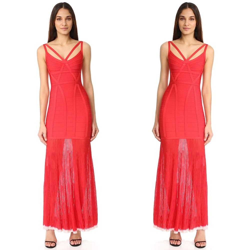 Herve Leger Zhenya Red Bandage Maxi Dress Wedding Guest Cocktail Party Birthday